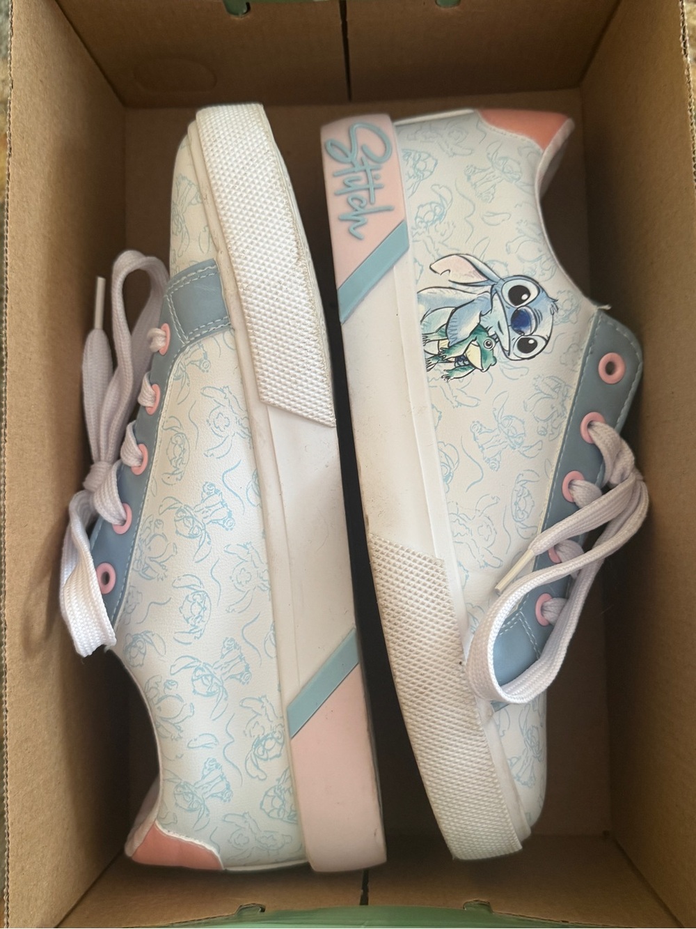Disney size 6.5 Light Blue and Pink Lace-Up Sneakers Lilo and Stitch White
